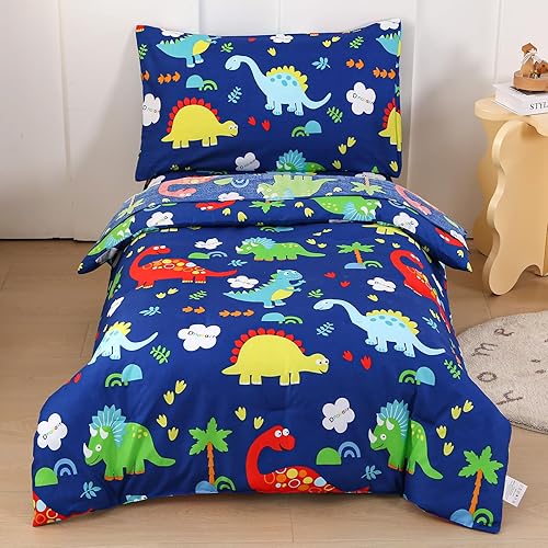 Wowelife Toddler Bedding Sets for Boys Premium 4 Piece Dinosaur Toddler Comforter Set Blue Grey Toddler Bed Set, Super Soft and Comfortable for Toddler(Dark Blue) - Jamouz