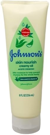 Johnson's Skin Nourish Creamy Oil, Aloe Scent & Vitamin E, Creamy Oil Helps Prevent Dryness & Moisturizes Baby's Delicate Skin for 24 Hours, Hypoallergenic & Non-Greasy, 8 fl. oz - Jamouz