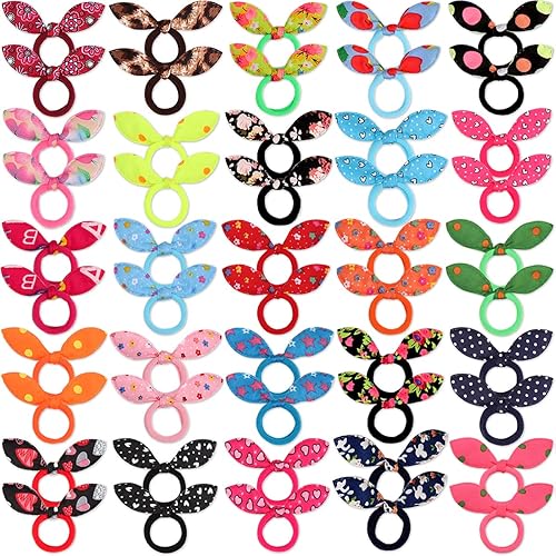 50pcs Children Hair Ties+200pcs Rubber Bands, Cute Toddler Rabbit Ear Hair Ties, Seamless No Crease Elastic Cotton Bows Ponytail Holders Hair Accessories for Baby Toddler, Kids, Teens - Jamouz