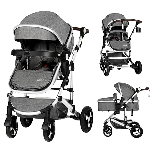 Kinder King 3 in 1 Reversible Baby Stroller w/Detachable Tray, Convert to Newborn Bassinet Pram, Folding Infant Carriage for Toddler, Adjustable Canopy, Aluminum Alloy, Suspension Wheels, Black - Jamouz