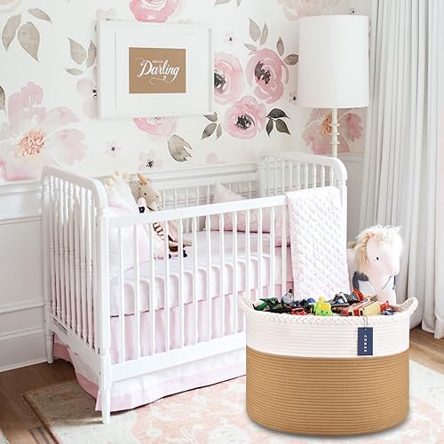 COMSE Extra Large Blanket Basket, Storage Basket, Laundry Basket, 21.7”x 13.8”, Laundry Hamper, Cotton Rope Basket, Blanket Basket Living Room, Toy Basket (White & Cadet Blue & Navy Blue) - Jamouz