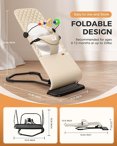 Baby Bouncer, Bouncer Seat for Babies 0-12 Months,Ergonomic Baby Seat Breathable and Comfortable Cushion with 3-Height Adjustments, Infant Rockers Portable Folding and Detachable - Jamouz