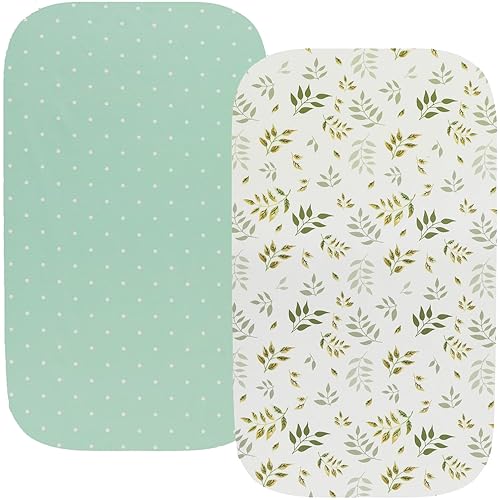 Waterproof Bassinet Sheet Compatible with Graco Pack n-Play Dome LX Bassinet(not playard), 2 Pack Jersey Knit Super Soft for Baby Green Botanical Leaf & Dots - Jamouz