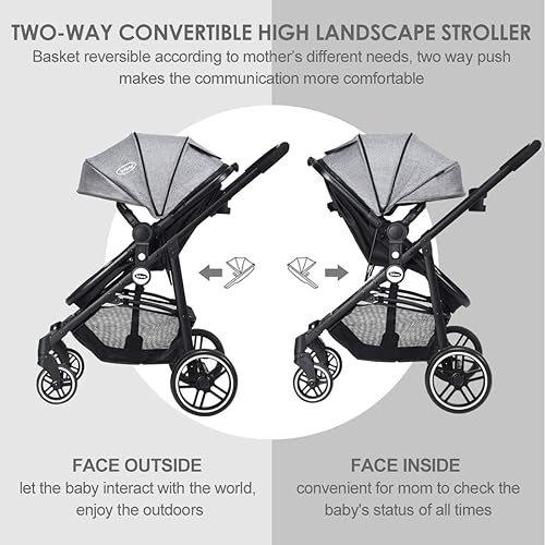 INFANS 2 in 1 Baby Stroller, High Landscape Infant Stroller & Reversible Bassinet Pram, Foldable Pushchair with Adjustable Canopy, Cup Holder, Storage Basket, Suspension Wheels (Grey) - Jamouz