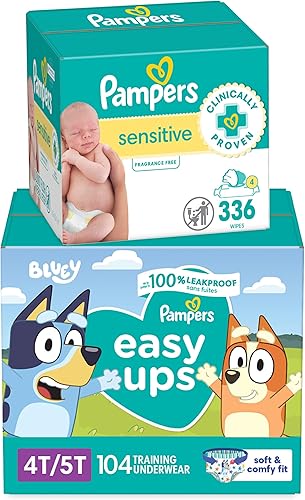 Pampers Easy Ups Bluey Pull On Training Pants Boys and Girls, 4T-5T, 104 Count with Sensitive Water Based Baby Wipes 4X Pop-Top Packs (336 Count) - Jamouz