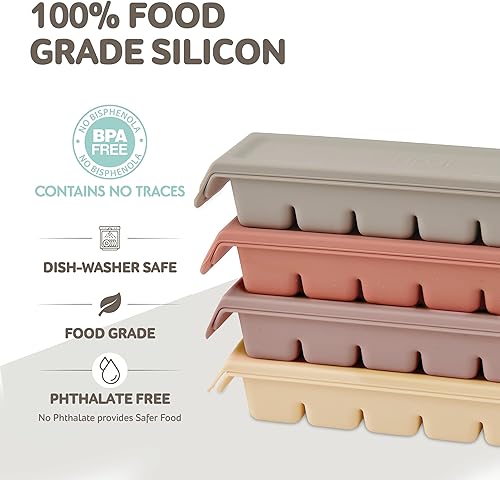 12 Section-0.5oz, Gray 100% Food Grade Silicone Ice Cube Tray Food Container with Airtight Locking Lid, Fruit Vegetable Purees, Breastmilk Storage for Baby & Toddler Food | BPA Free Korea Made - Jamouz
