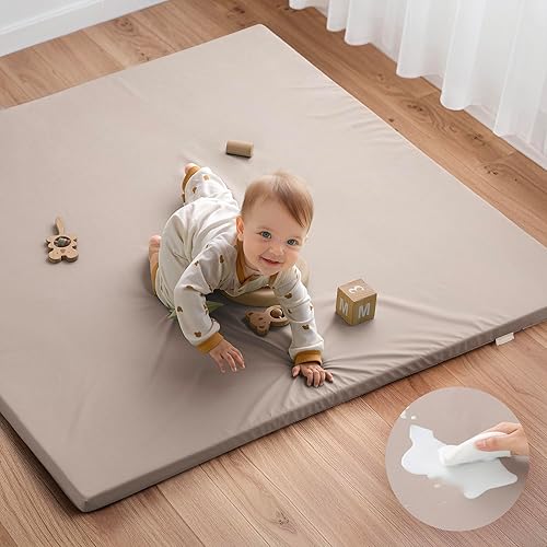 Blissful Diary Vegan Leather Baby Play Mat, 50x50 Thicken Foam Cushioned & Waterproof Playpen Mat for Infants and Toddlers, Stylish and Just Wipe-Clean Playmat for Baby Play on Floor, Brown Gray - Jamouz