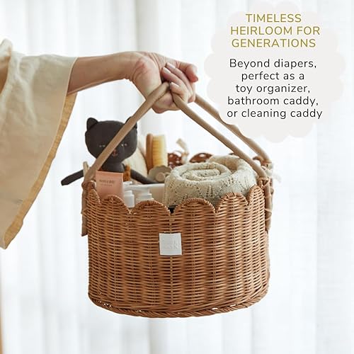 Premium Baby Diaper Caddy Organizer - Handmade & Award-Winning Scalloped Rattan Basket - Luxury Diaper Caddy Basket - Elegant Scalloped Edge (Natural) - Jamouz