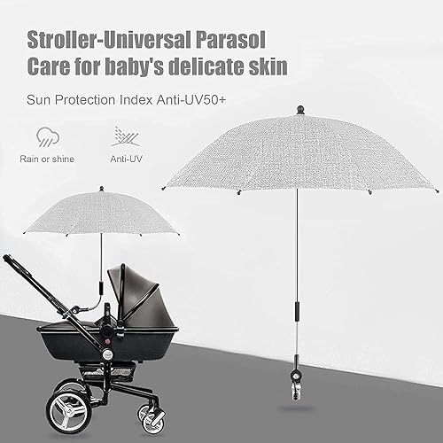 Baby Stroller Parasol, Universal Umbrella with Clamp, 360 Degree Adjustable UV Protection Stroller Sun Shade, Waterproof Umbrella for Trolley, Bike, Wheelchair, Beach Chair - Jamouz