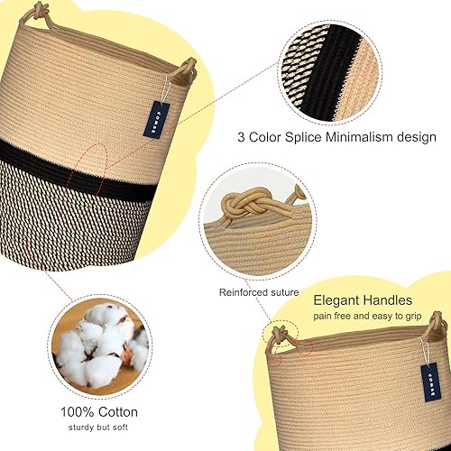 COMSE Extra Large Blanket Basket, High Storage Basket, Tall Rope Laundry Basket, 15.7”x 21.7”, Cotton Rope Basket, XXXL Laundry Basket, Toy Basket, Clothes Baskets,White/Cadet Blue/Navy Blue - Jamouz