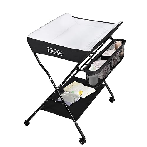Kinder King Portable Baby Changing Table w/Wheels, Adjustable Height Folding Infant Diaper Station, Mobile Newborn Nursery Organizer, Large Storage Rack, Black - Jamouz