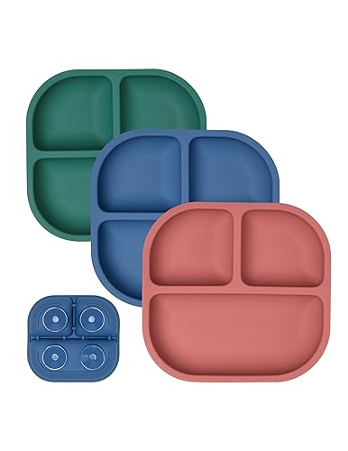 BABELIO Powerful Suction Plates for Baby and Toddler, 100% Food Grand Silicone, Divided, BPA Free, Microwave & Dishwasher Safe, Stay Put, 3 Pack - Jamouz