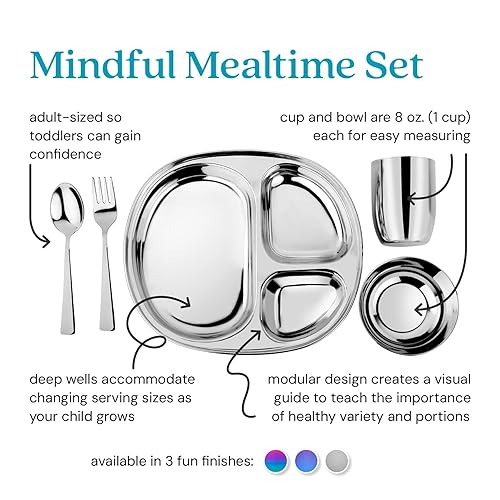 Ahimsa Stainless Steel Kids Dinnerware Set - 5 Piece Stainless Steel Toddler Plates and Bowls Set, Pediatrician Designed, Non Toxic Toddler Plate and Bowl, Kids Utensils and Cup (Rainbow) - Jamouz