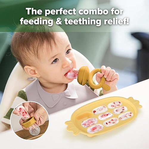 Haakaa Baby Fruit Food Feeder & Silicone Nibble Tray Combo - Breastmilk Popsicle Mold for Baby Cooling Relief, BPA Free Baby Mesh Feeder for Infant Self Feeding - Jamouz