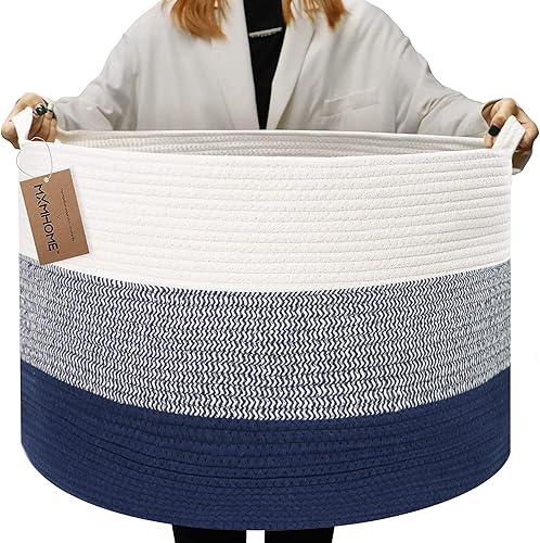 Large Cotton Blanket Basket,22'x22'x14' Woven Basket for Living Room Baby Laundry Basket with Handle Nursery Basket Soft Storage Basket Comforter Cushions Thread Hamper - Jamouz