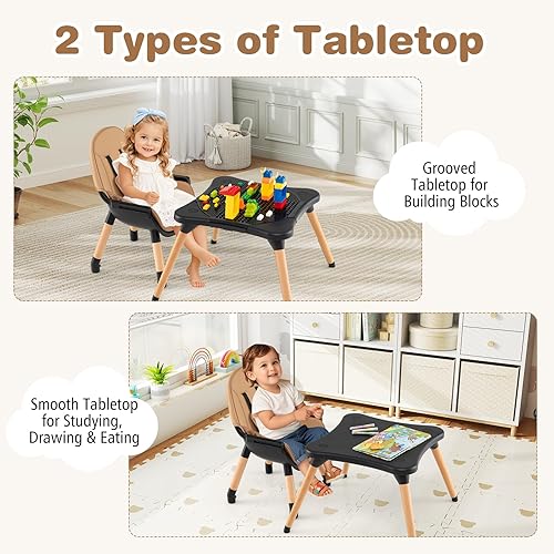 BABY JOY 5 in 1 High Chair, Convertible High Chairs for Babies and Toddlers/Booster Seat/Table and Chair Set, Infant Wooden Highchair w/ 5-Point Harness, 4-Position Removable Tray & PU Cushion, Coffee - Jamouz