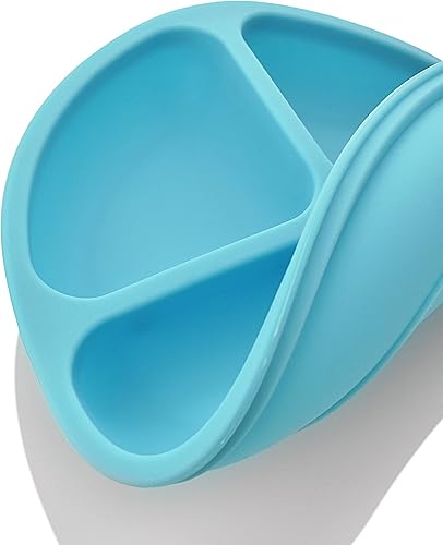PandaEar Divided Unbreakable Silicone Baby and Toddler Plates - 3 Pack - Non-Slip - Dishwasher and Microwave Safe - Silicone (Blue Green Brown) - Jamouz