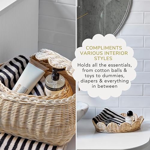 The Original Scalloped Basket Set Of 2 - Small Scallop Basket - 15 x 10 x 6 In - Hand-Woven & Award-Winning - Elegant Wicker With Scalloped Edge Lid - Nursery Storage - (Mocca) - Jamouz