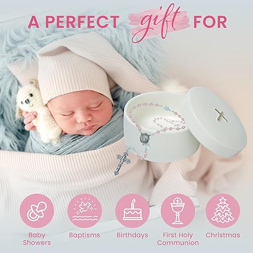Sweet Treasures Gift – Baptism Gifts for Boys, First Rosary with Ceramic Keepsake Box and Card, Catholic Communion Gift, Christening and Baby Shower Rosary Beads, Blue - Jamouz