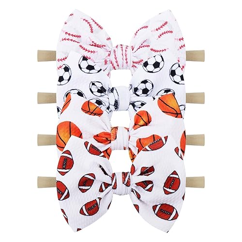 YanJie Baby Girls Hairband - Set of 4 pcs Football, Basketball, Soccer, Rugby Nylon Baby Headbands for 0-6 Months Newborn Infant Toddler - 4 Count Pack - Jamouz