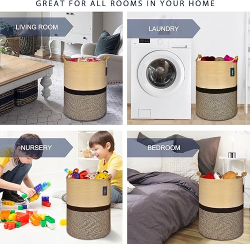 COMSE Extra Large Blanket Basket, High Storage Basket, Tall Rope Laundry Basket, 15.7”x 21.7”, Cotton Rope Basket, XXXL Laundry Basket, Toy Basket, Clothes Baskets,White/Cadet Blue/Navy Blue - Jamouz