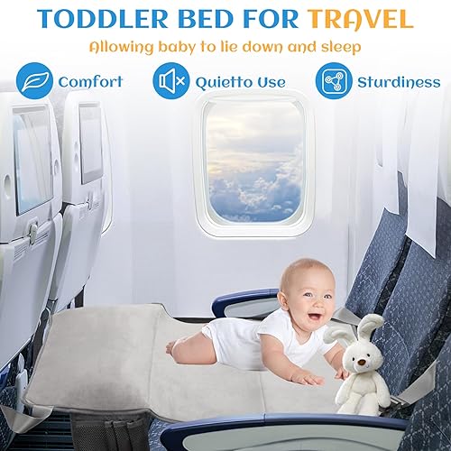 Toddler Airplane Bed, Portable Toddler Airplane Seat Extender, Toddler Travel Bed for Airplane, Airplane Inflatable Bed for Toddler, Kids Airplane Travel Essentials, Foot Rest for Flights, Grey - Jamouz
