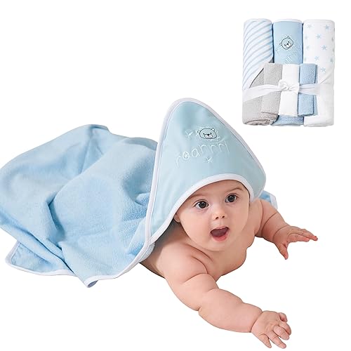 Viviland Baby Towels and Washcloths, Soft Absorbent Pink Baby Bath Towel Set, Elephant Hooded Towels with 5 Infant Face Washcloths (6 Pieces) - Jamouz