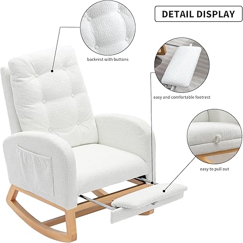 Nursery Rocking Chair with Retractable Foot Rest Glider Rocker Accent Chair Padded Seat with High Backrest Armchair Comfy Side Chair for Living Room Bedroom Offices (Gray) - Jamouz