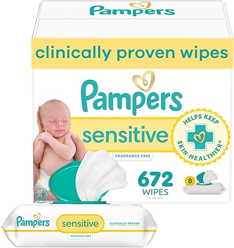 Pampers Sensitive Baby Wipes, Water Based, Hypoallergenic and Unscented, 8 Flip-Top Packs, 4 Refill Packs (1008 Wipes Total) - Jamouz