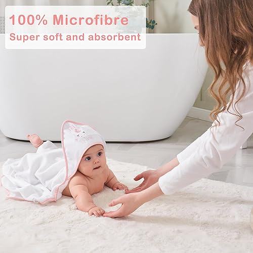 Viviland Baby Towels and Washcloths, Soft Absorbent Pink Baby Bath Towel Set, Elephant Hooded Towels with 5 Infant Face Washcloths (6 Pieces) - Jamouz