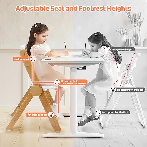 Ezebaby Wooden High Chair Grow with Your Child, Foldable Baby High Chair with Adjustable Seat and Footrest Heights, High Chair for Babies and Toddlers with Cushion and Large Double Layer Tray(White) - Jamouz