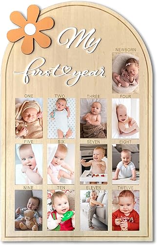 My First Year Wooden Photo Board, Baby’s First Year Picture Frame, One Year Birthday Photo Display Wood Board, 12 Months Milestone Board Photo Frame, Gift for Newborn Baby 1st Birthday Memories Nursery Decoration (Star) - Jamouz