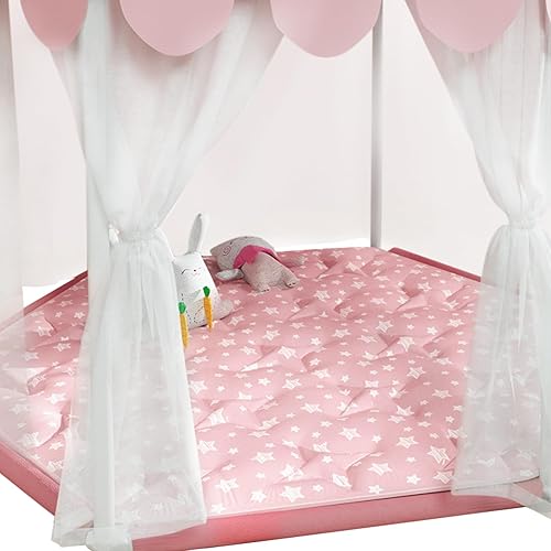 Hexagon Mat Princess Tent Rug, Plush Soft Playpen Mat Fitted for Monobeach Princess Castle, Non Slip Pink Star Nursery Rug for Baby Girl Room Decor, 55' L x 47' W - Jamouz