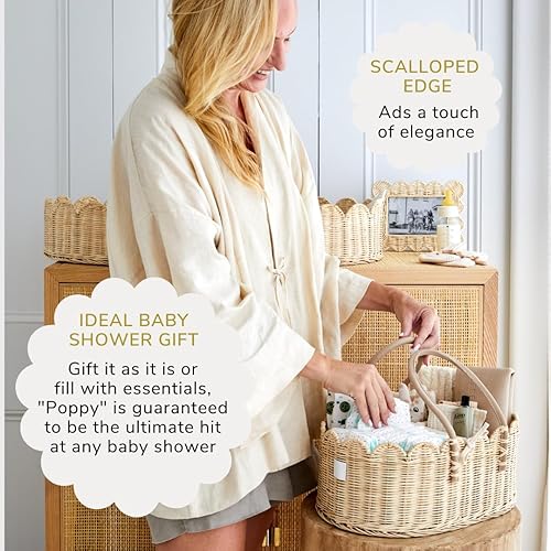 Premium Baby Diaper Caddy Organizer - Handmade & Award-Winning Scalloped Rattan Basket - Luxury Diaper Caddy Basket - Elegant Scalloped Edge (Natural) - Jamouz