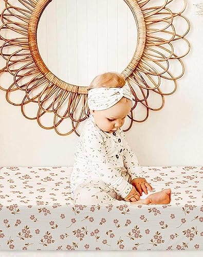 Changing Pad Cover for Baby Boy Girl 2 Pack, Muslin Changing Table Pad Covers with Boho Style, Neutral Nursery Bedding Essentials Soft and Breathable(Dusty Rose & Flower-A) - Jamouz