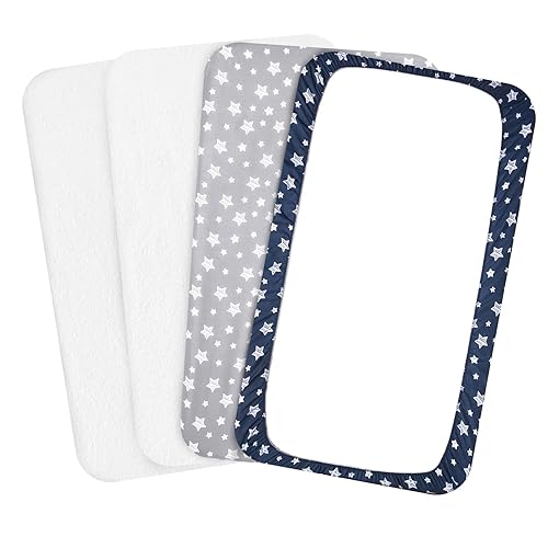 Pack and Play Sheets & Waterproof Terry Pack N Play Mattress Protector Pad Cover 4 Pack, Viscose Made from Bamboo Pack N Play Sheets Set, Grey & Navy - Jamouz