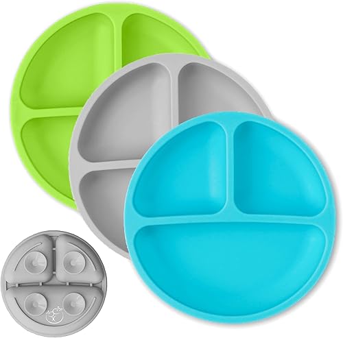 Hippypotamus Toddler Plates with Suction - 100% Food-Grade Silicone Baby Plates - Microwave & Dishwasher Safe - BPA Free - Set of 3 (Sage/Blush/Nude) - Jamouz