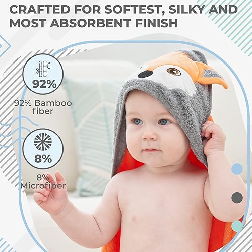Toddler Bath Towel - Viscose from Bamboo & Cotton Blend for Delicate Skin - Super Soft Thick 600GSM - Ideal Toddler Boy and Girl Bath Essentials 35'x35' Bath Towel - Baby Towel with Hood - Jamouz
