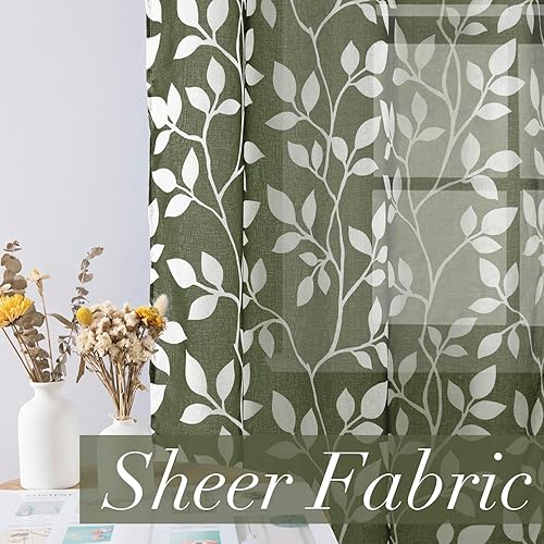 XTMYI Dark Green Curtains for Bedroom Living Room,Nursery Decor Dinosaur Theme,Sheer Tropical Jungle Botanical Curtains for Dining Room Sunroom Office,63 Inch Length 2 Panels,Olive Green - Jamouz