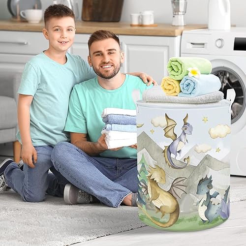 Clastyle 45L Kids Cute Dragon Nursery Hamper Mountain Tree Dirty Clothes Collapsible Laundry Basket Round Cloud Toys Storage Basket with Drawstring - Jamouz