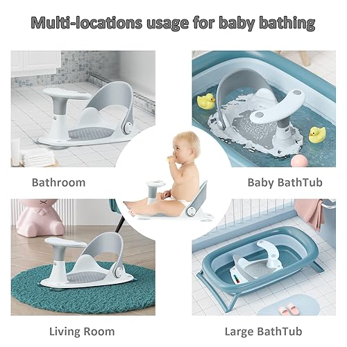 Baby Bath Seat [Original] – 3 Bath Toys + Shower Cap + Bath Brush + Thermometer + Rinse Cup – 4 Anti-Slip Suction Cups – Soft Silicone Cushion – Foldable Design – Ideal Gift for Infants 6-36 Months! - Jamouz