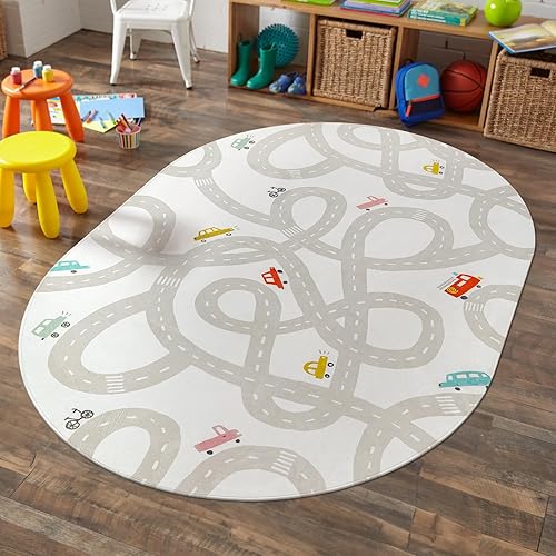 LIVEBOX Road Traffic Kids Play Area Rug 3'x5' Washable Playroom Educational & Fun with Cars and Toys Non-Slip Children Nursery Rugs for Living Room Bedroom Classroom Entryway Kids Tent - Jamouz