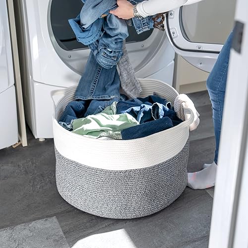 Little Hippo XXXL Large Cotton Rope Basket (22'x14') 100% Natural Cotton! Rope Basket, Woven Storage Basket, Large Basket, Blanket Basket Living Room, Toy Basket, Pillow Basket (White & Brown) - Jamouz