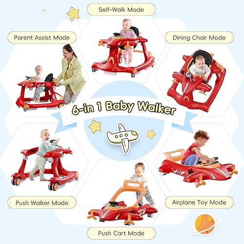 Xilingol 6-in-1 Baby Walker with Adjustable Speed Wheels, Adjustable Height Activity Walker with Padded Seat, Foldable Walker for Babies 6-12 Months, Toddler Push Walker for Boy & Girl 12-18 Months - Jamouz