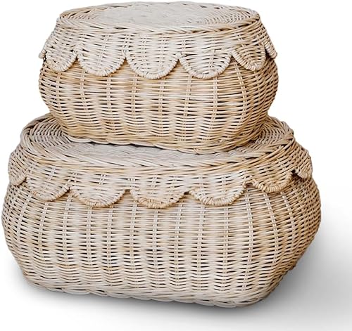 The Original Scalloped Basket Set Of 2 - Small Scallop Basket - 15 x 10 x 6 In - Hand-Woven & Award-Winning - Elegant Wicker With Scalloped Edge Lid - Nursery Storage - (Mocca) - Jamouz