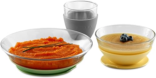 BEABA 3-Piece Duralex Glass Meal Set with Silicone Suction, Toddler Plate and Baby Bowls with Suction, Non Slip Kids Dinnerware Set, 2.5X Stronger Than Regular Glass, Pastel - Jamouz