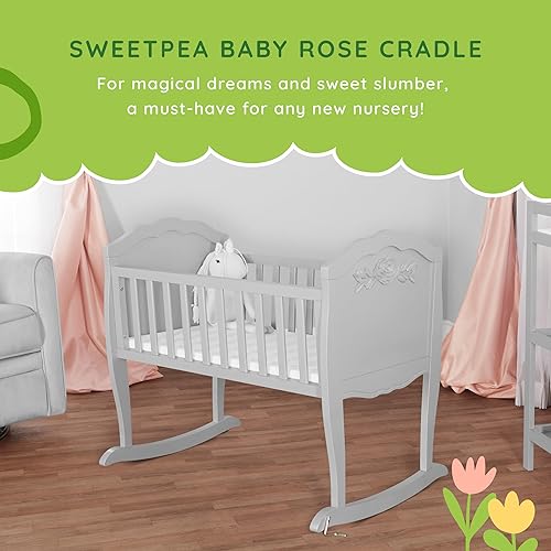 Rose Cradle in Platinum, with 1' Mattress Pad, Easy to Assemble, JPMA Certified, New Zealand Pinewood Cradle, Stationary and Rocking Cradle - Jamouz
