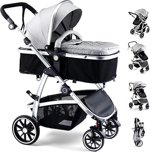 Baby Stroller, 2-in-1 Reversible Stroller with Bassinet Mode, Foldable Infant Stroller with Canopy, One Button Brake, Adjustable Handle, Newborn Stroller (Gray) - Jamouz