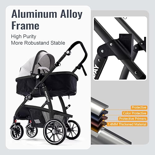 Baby Stroller, 2-in-1 Reversible Stroller with Bassinet Mode, Foldable Infant Stroller with Canopy, One Button Brake, Adjustable Handle, Newborn Stroller (Gray) - Jamouz