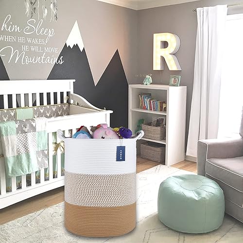 COMSE Extra Large Blanket Basket, High Storage Basket, Tall Rope Laundry Basket, 15.7”x 21.7”, Cotton Rope Basket, XXXL Laundry Basket, Toy Basket, Clothes Baskets,White/Cadet Blue/Navy Blue - Jamouz